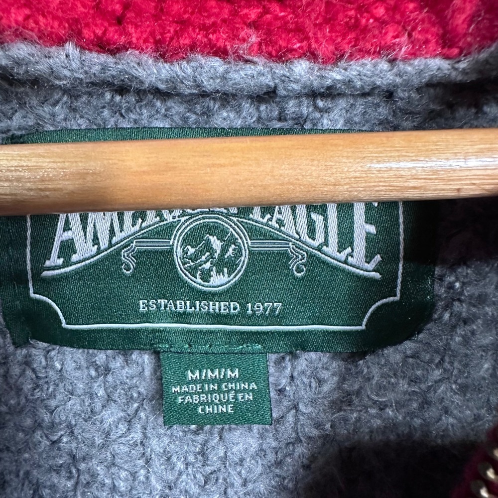 American Eagle Grey Red Cowl Neck Chunky Knit Varsity Stripe Sweater Womens M - Picture 2 of 6
